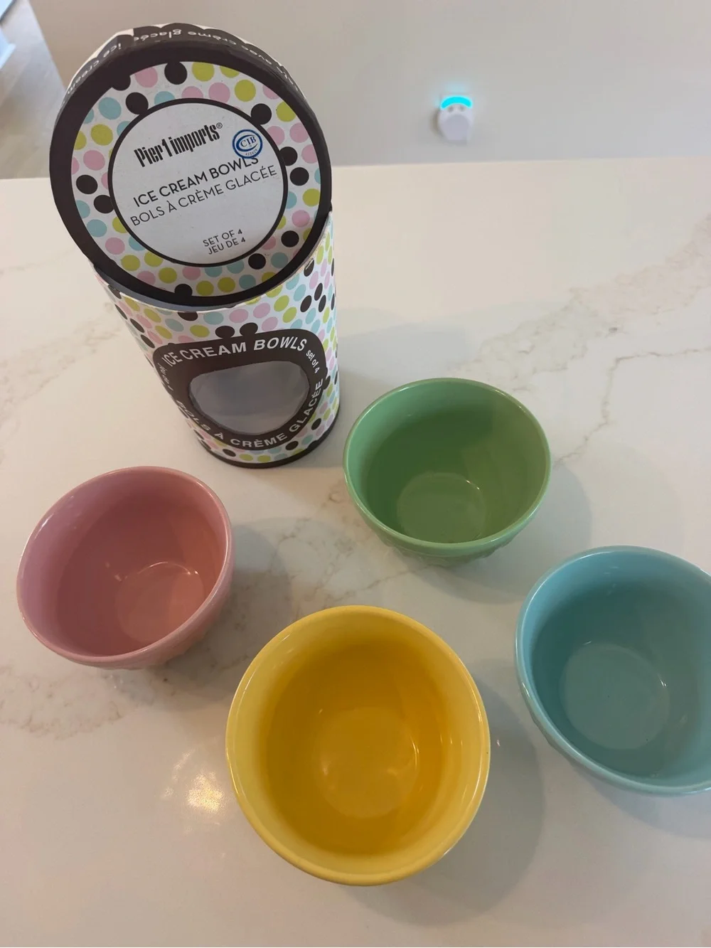 Pier One Ceramic Ice Cream Bowls, Set of 4, New In box, Multicolor, Collectible